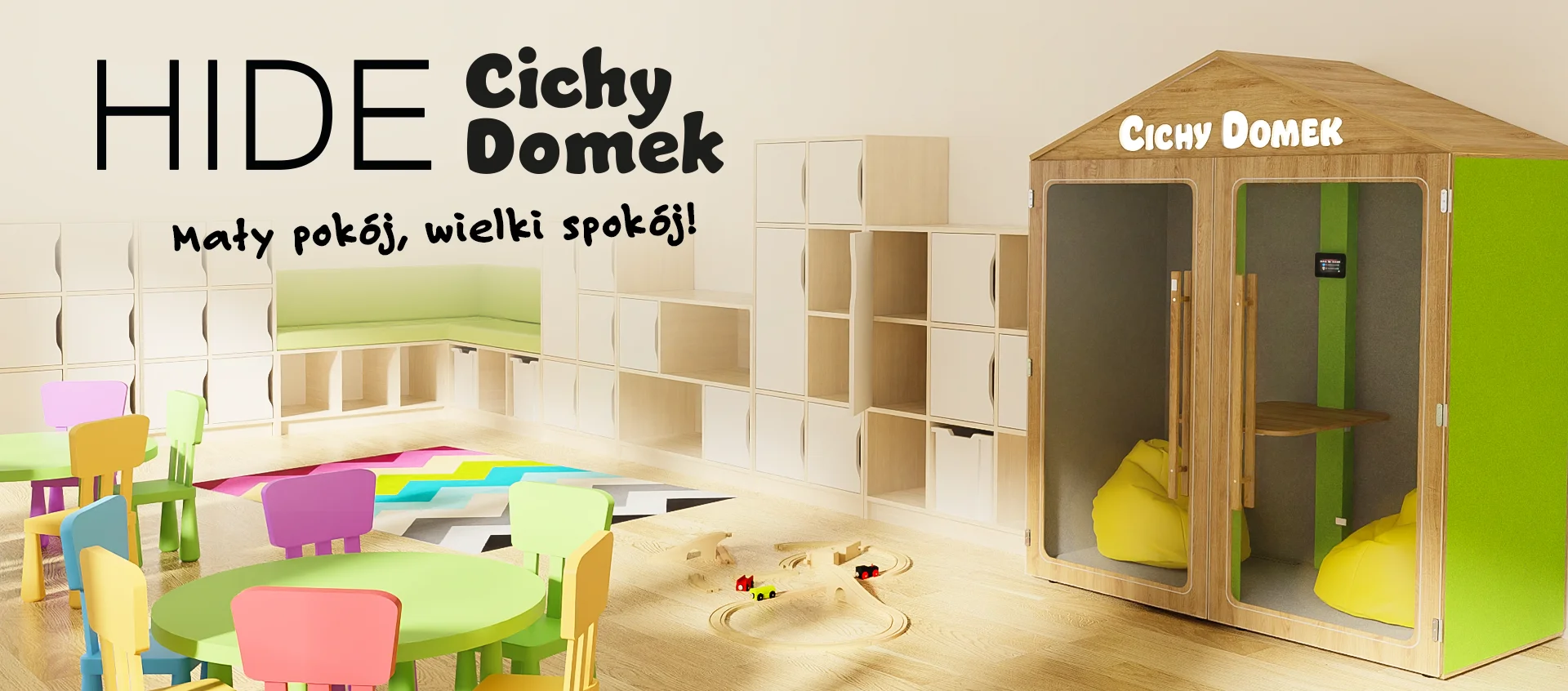 Kabina akustyczna HIDE Cichy Domek ustawiona w kolorowej sali szkolnej — mały pokój, wielki spokój