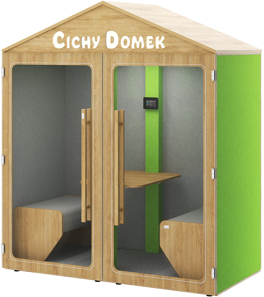 Kabina akustyczna Cichy Domek HIDE w wersji wyposażonej — stolik i wbudowane siedziska za drzwiami z plexi